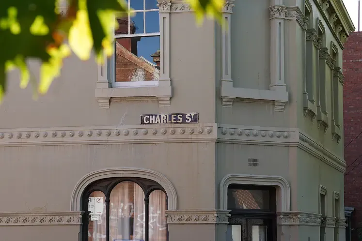 Restored 1870s heritage building facade, Carlton